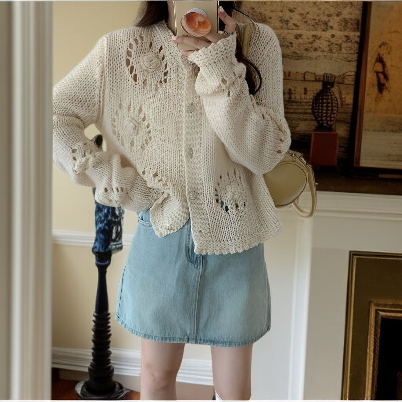 韓国風秋の三色ショートラウンドニット女性無地カーディガンコート