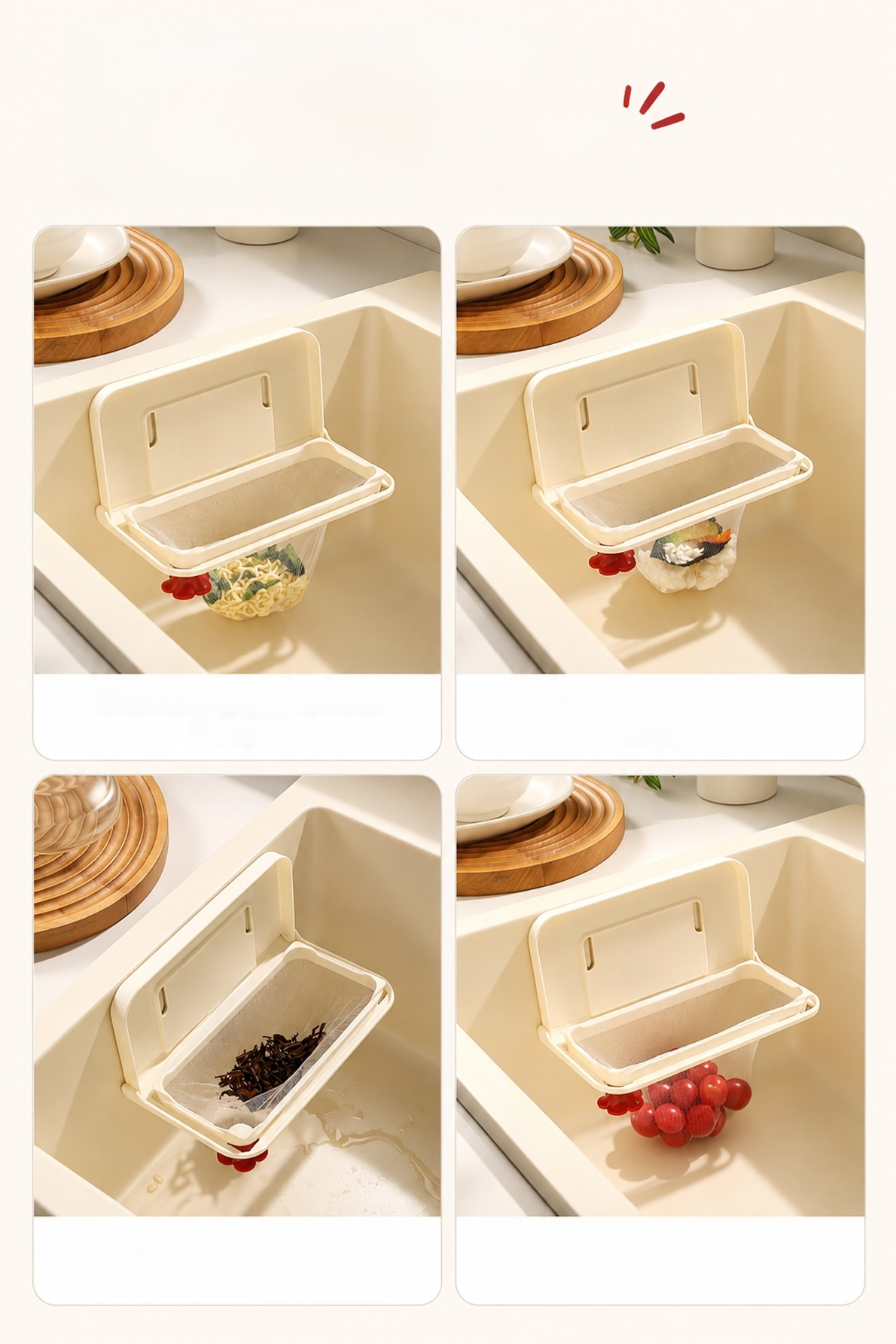 Compact mesh dish drainer stored beside a kitchen sink