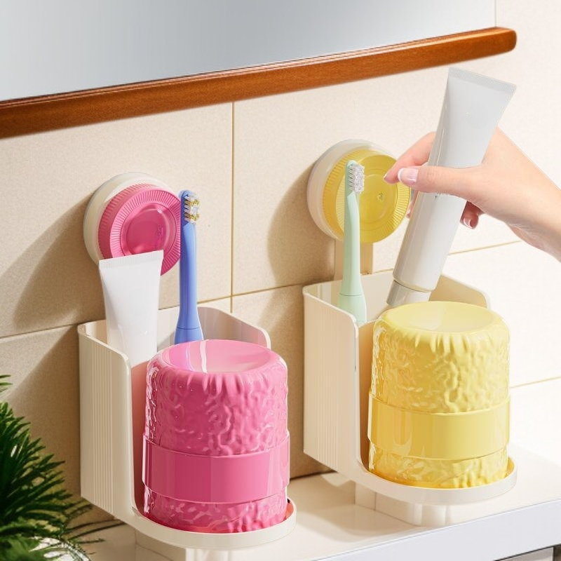 壁掛け吸盤タイプ 歯ブラシ＆コップ収納セット（穴あけ不要）