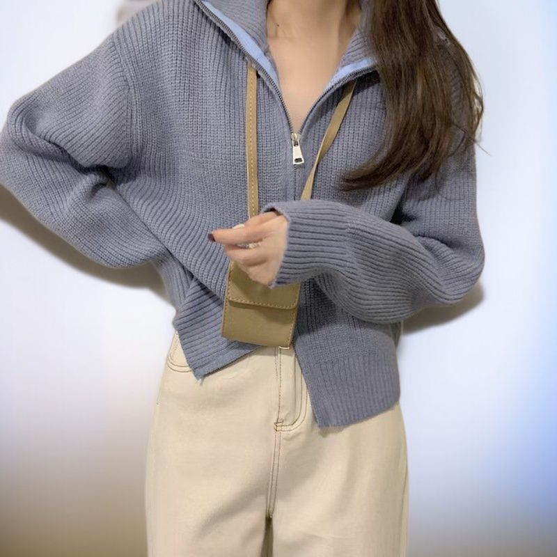 كنزة صوفية نسائية بتصميم كوري، بياقة عالية وسحاب، مثالية لخريف وشتاء