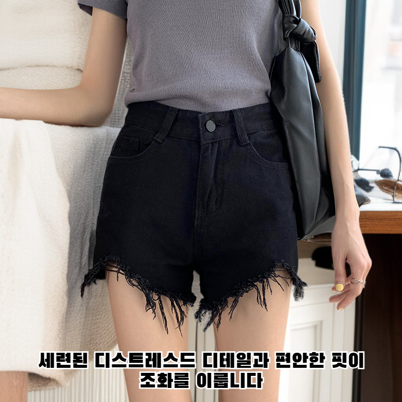 여름 하이웨이스트 찢어진 데님 와이드 반바지, 루즈핏, 슬림해 보이는 A라인