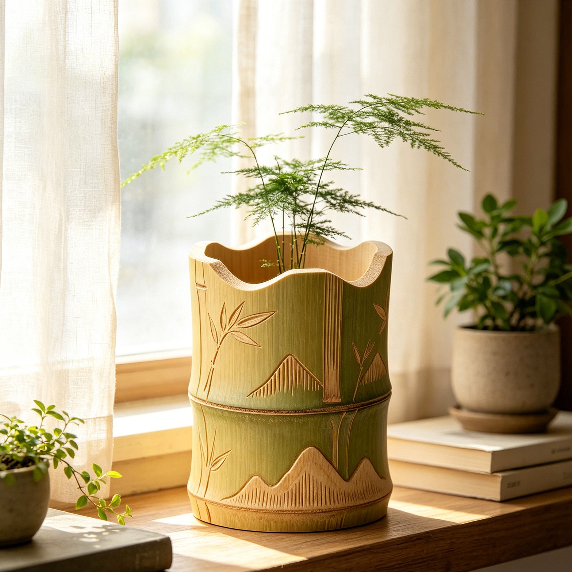 竹製 山水デザインの花器