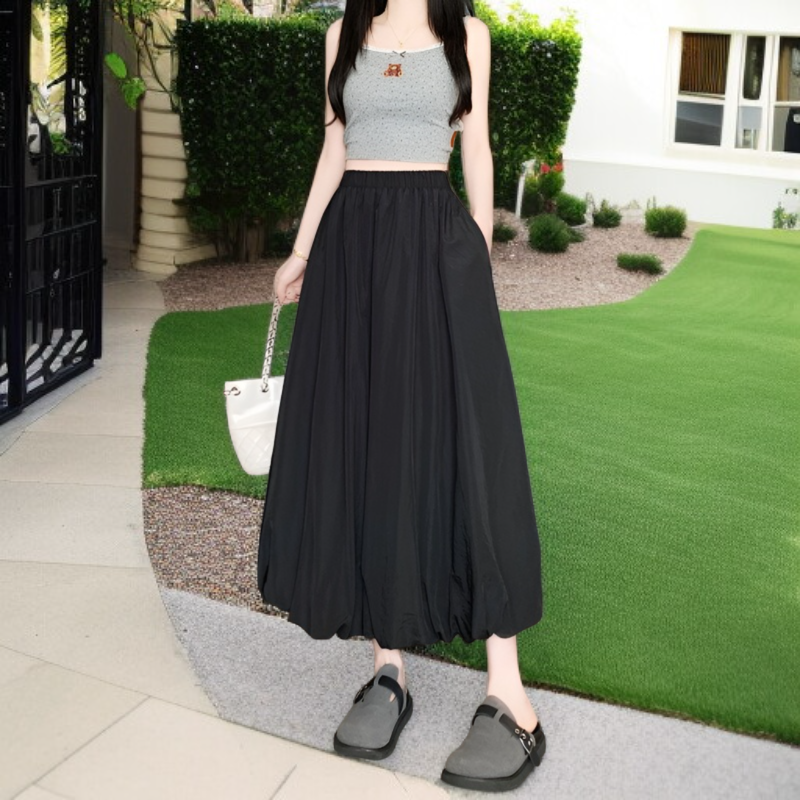 春夏秋新作レディースワーク風バルーンロングスカート、パラシュート素材、ポケット・ゴムウエスト付き、体型カバー、M～2XL