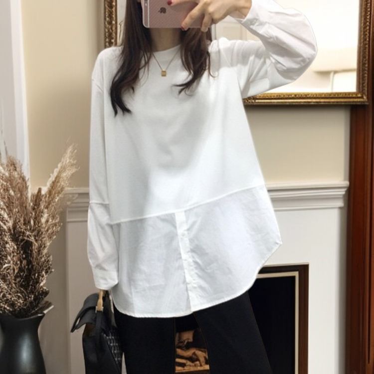 白 秋 長袖シャツ ゆったり 丸首 長袖 ボトムス シャツ コットン Tシャツ