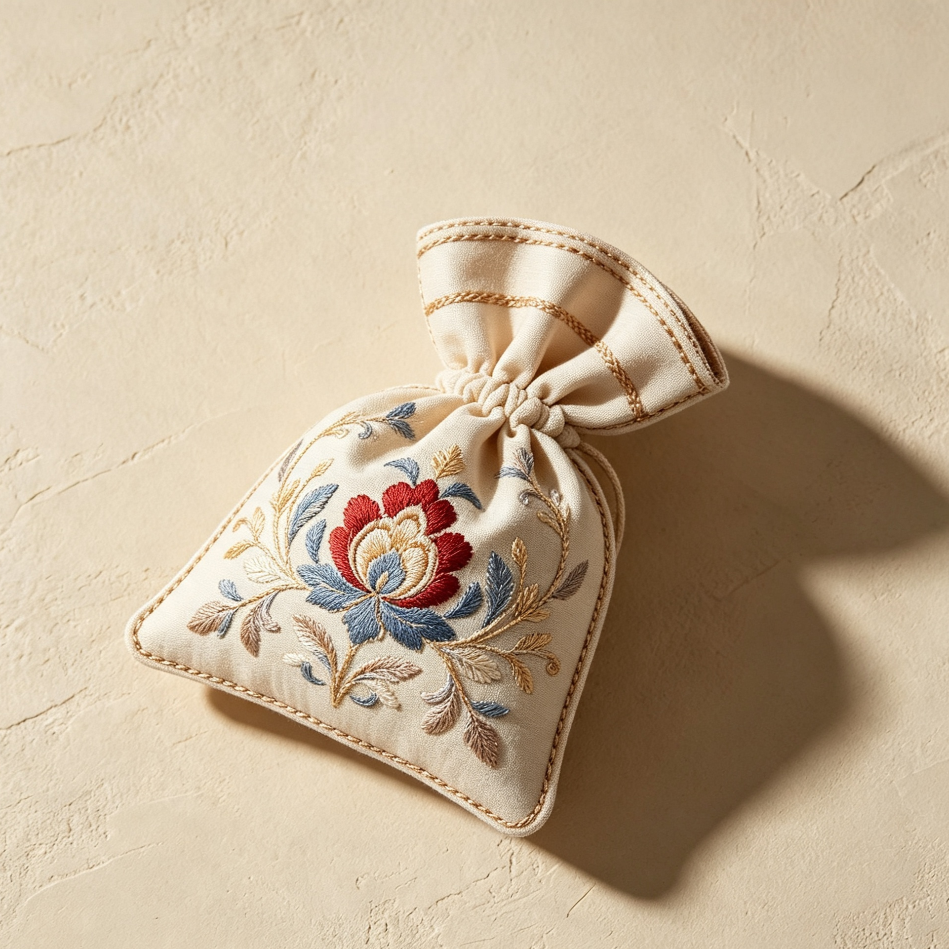 Set of 5 embroidered sachets with floral patterns