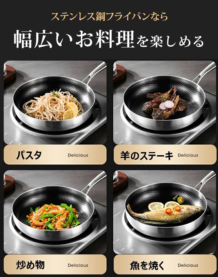 【越後·百年金物の傑作】ハニカム構造で焦げ付かないステンレスフライパン|SGマーク取得・有害物質ゼロ|熱伝導率7.5倍・光熱費節約・耐久20年✨