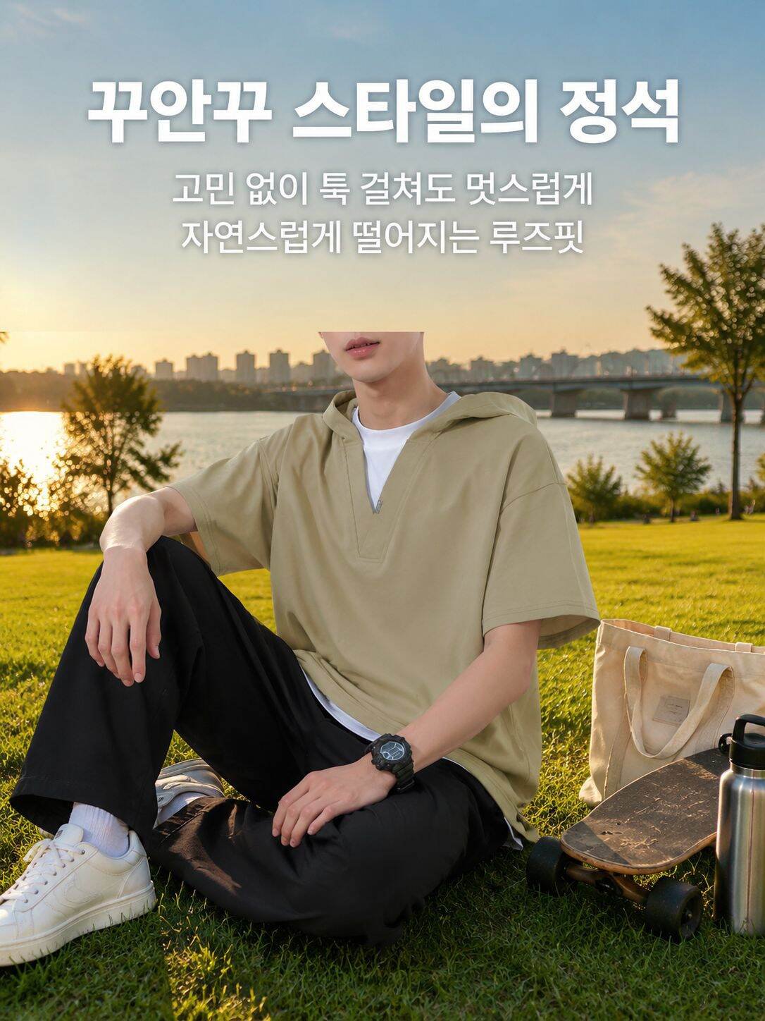 V넥 디자인의 남성 후드 반팔티 상세 이미지