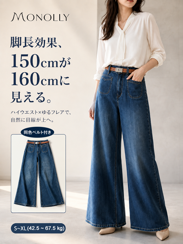 【2026秋新作】Monolly 脚長ハイウエストデニムパンツ | 穿くだけで+10cmのスタイルアップを叶える