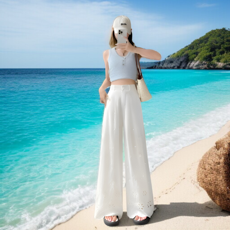 夏用中空ワイドレッグパンツ、フックフラワーワイドレッグパンツ、レディース2025新作、ハイウエストパンツ、スリムドレープレースパンツ、カジュアルストレートパンツ