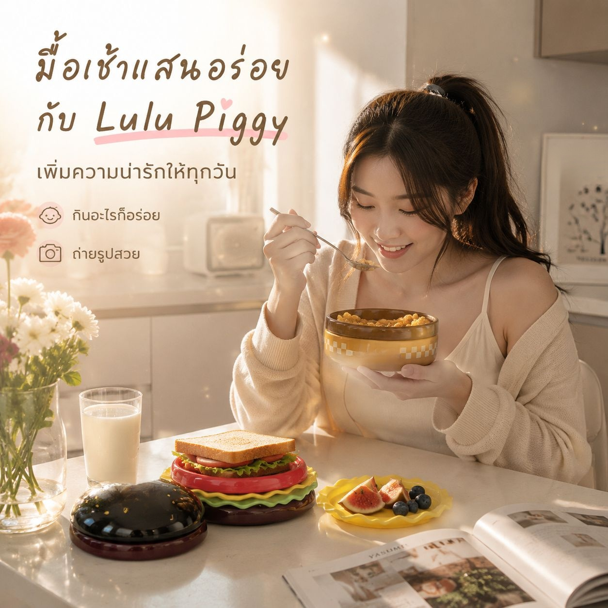 ชุดเซรามิคหมูหลูลูน่ารัก จานเบอร์เกอร์ ชามอาหารเช้า ชามขนม สำหรับใช้ในบ้าน