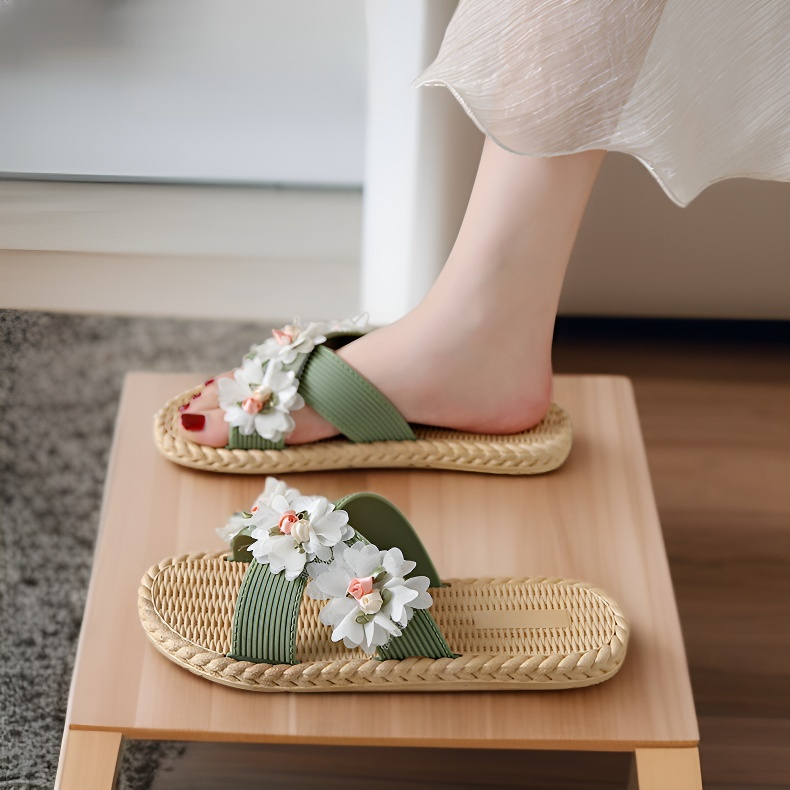 防滑耐磨女士花朵布藝平底沙灘涼鞋