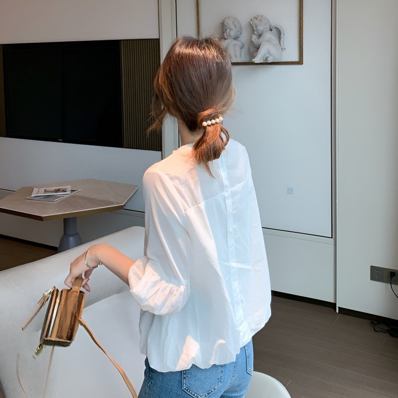 레이스 랜턴 슬리브 쉬폰 오픈워크 셔츠