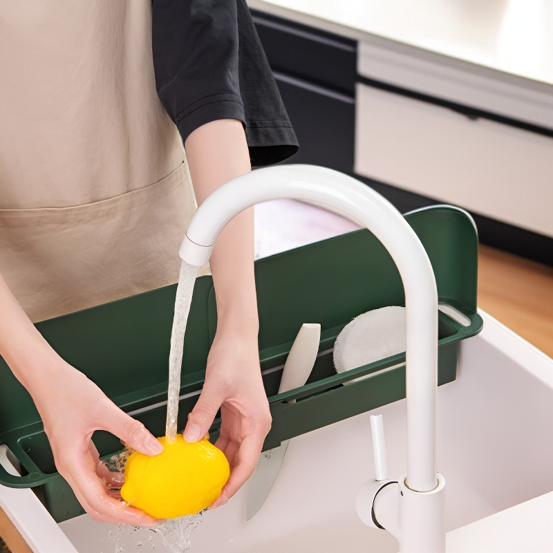 Multifunktionales erweiterbares Spülbeckenregal mit Abfluss und Spritzschutz