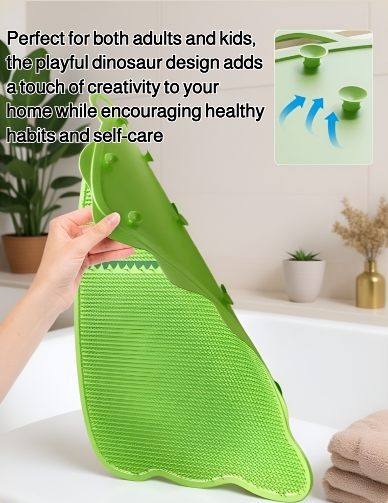 Foot pressing on Dinosaurier Massage Mat for acupressure