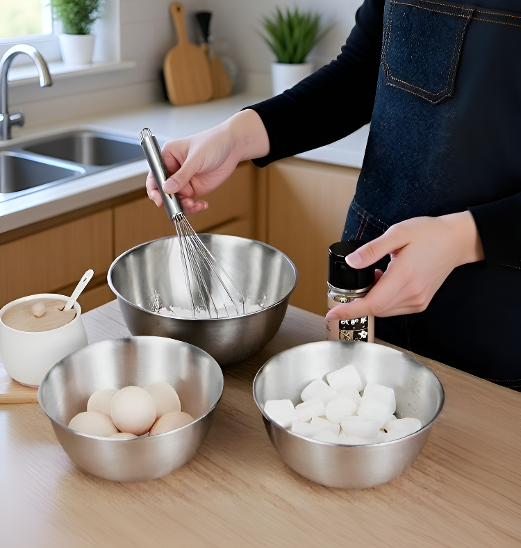 Tazón de acero inoxidable con ingredientes frescos