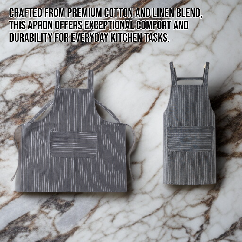 Kitchen apron made of cotton and linen with stripes.