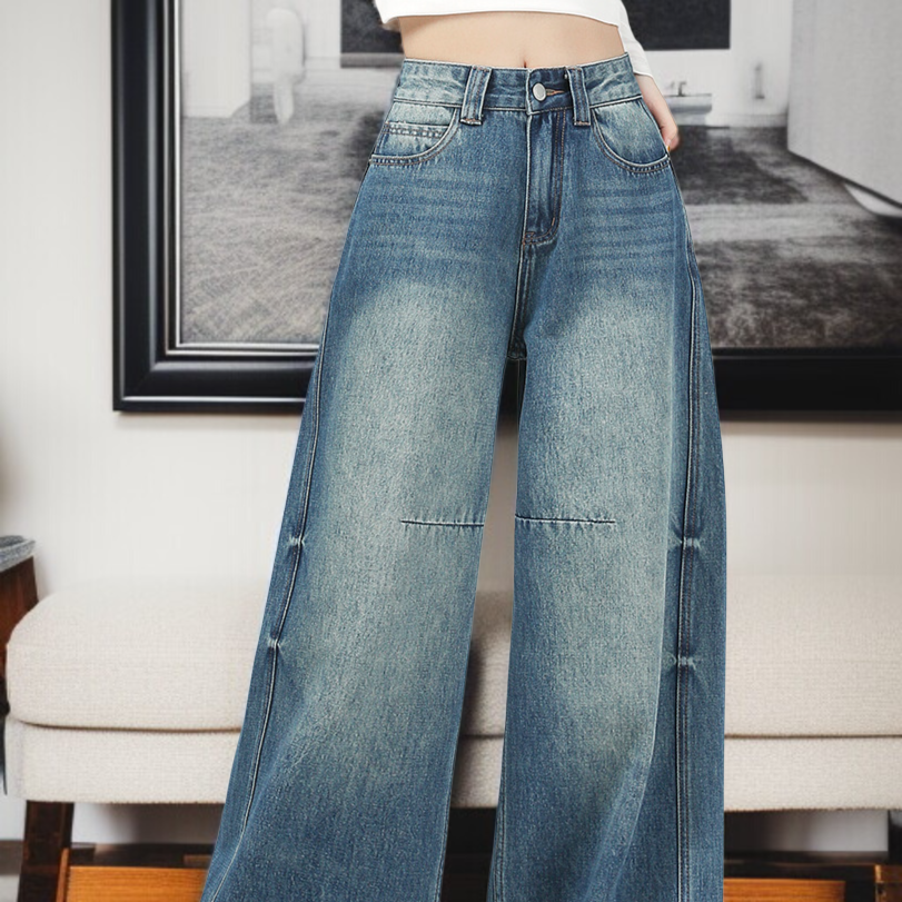 女性用パッド入り厚手カーブド・ジーンズ 冬のマイクロファット洋ナシ型レトロワイドパンツ股ストレートパンツ