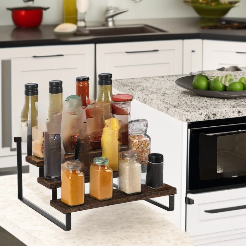 Wooden Countertop Spice Storage Display Rack Multi-Layer Kitchen Organizer