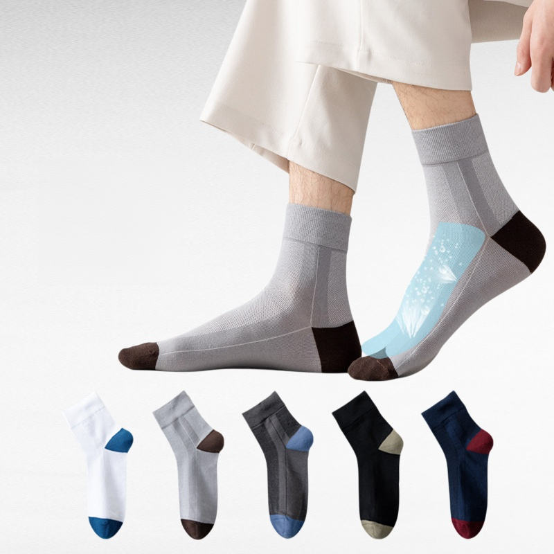 メンズソックス 新作春夏 カラーブロック 吸湿防臭 綿製ミドル丈