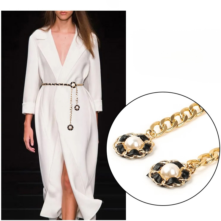 ファッション椿花ウエストチェーン、黒白調節可能な細ベルト、スーツ女性用アクセサリー