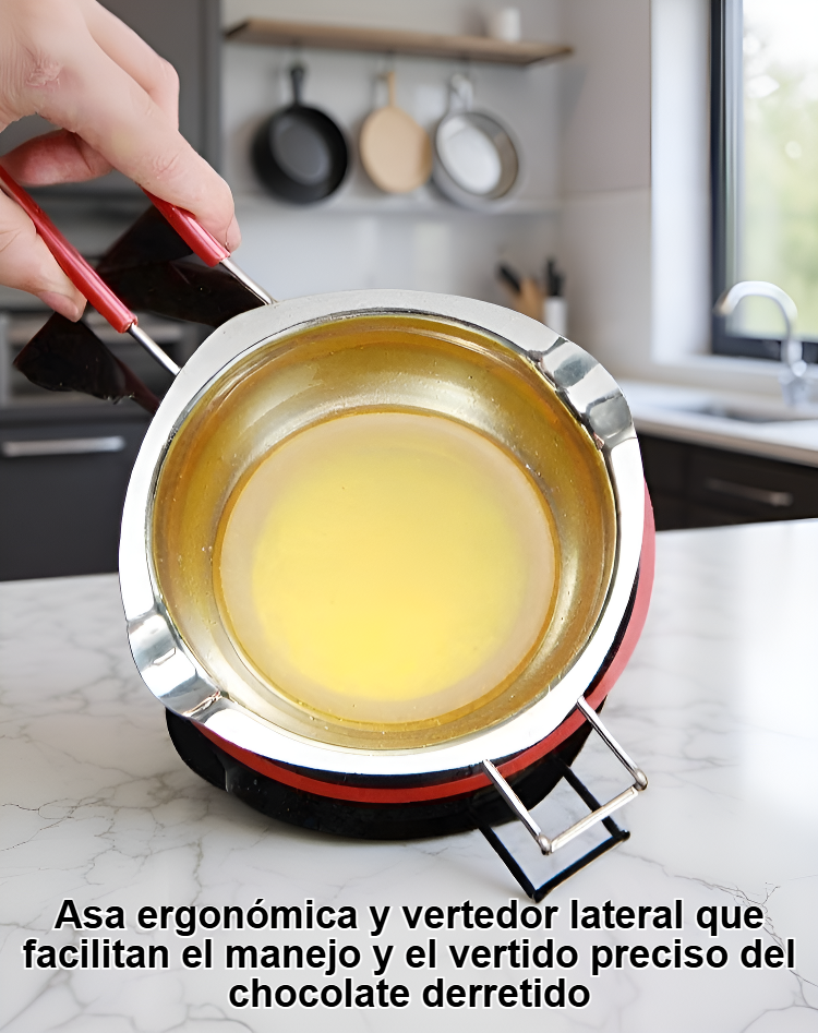 Olla para derretir chocolate de acero inoxidable en uso