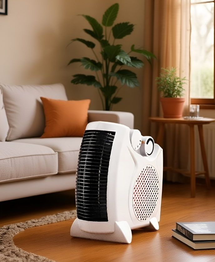 リビングで使用する広角加熱ファンヒーター