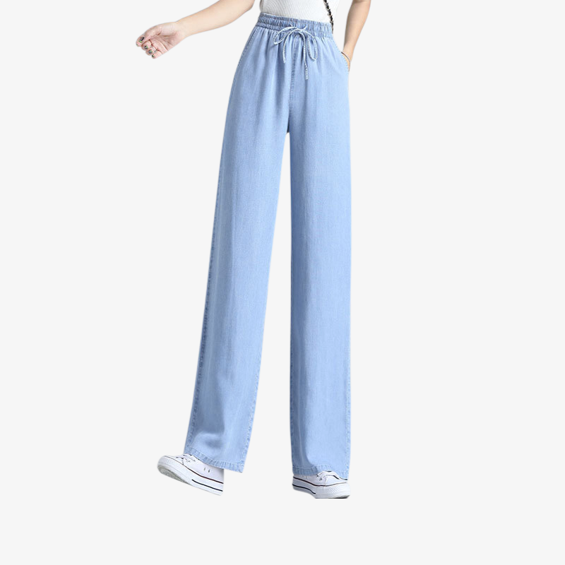 작은 키에 날씬해 보이는 밴딩 허리 일자 청바지 하이웨스트 텐셀 청바지 캐주얼 처짐 와이드 팬츠