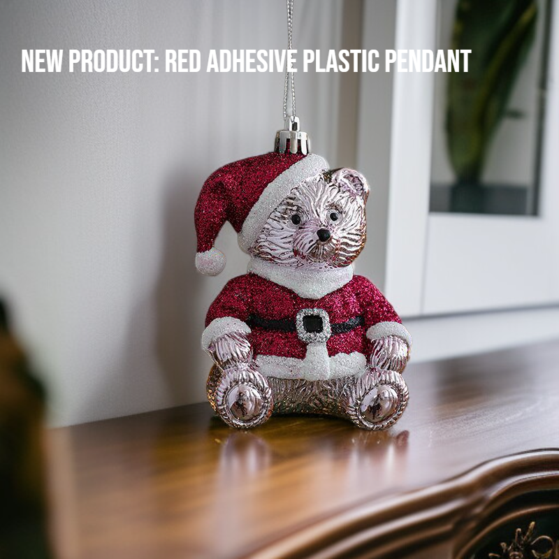 Red Glitter Plastic Cartoon Bear Cake Ornament for Christmas Tree and Window Decoration