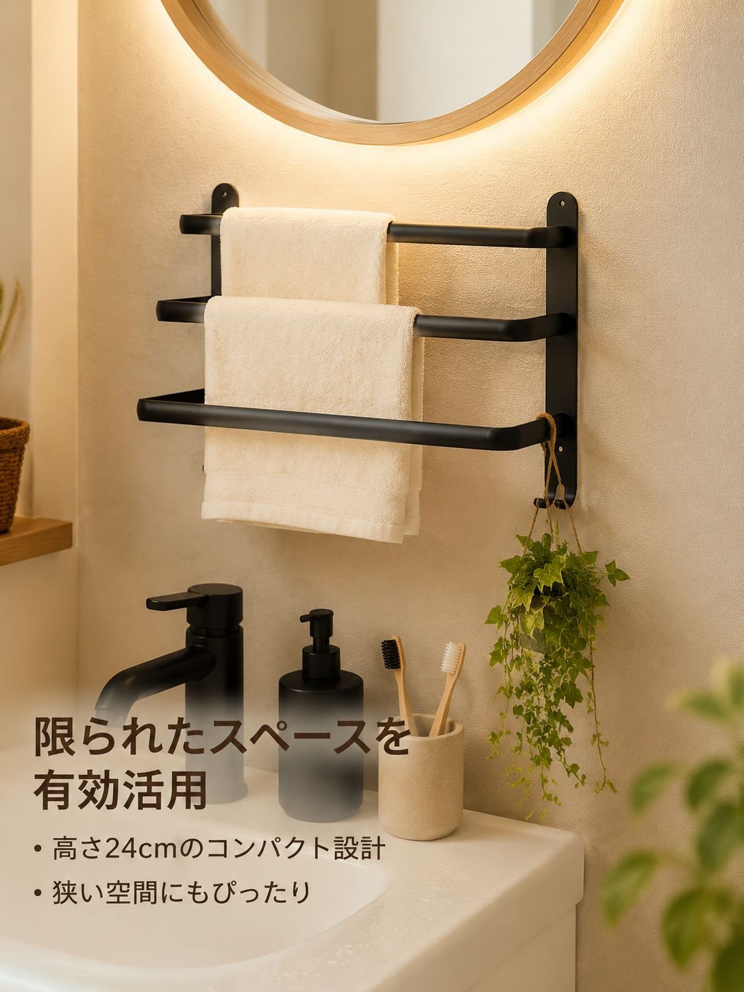 穴あけ不要バスルーム収納棚・タオル掛け一体型ラック