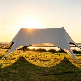 SunnyFeel outdoor thickened blackout canopy set up in a sunny campsite