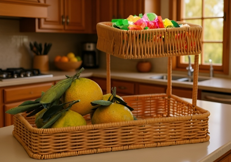 Detalle del tejido de ratán en la cesta organizadora