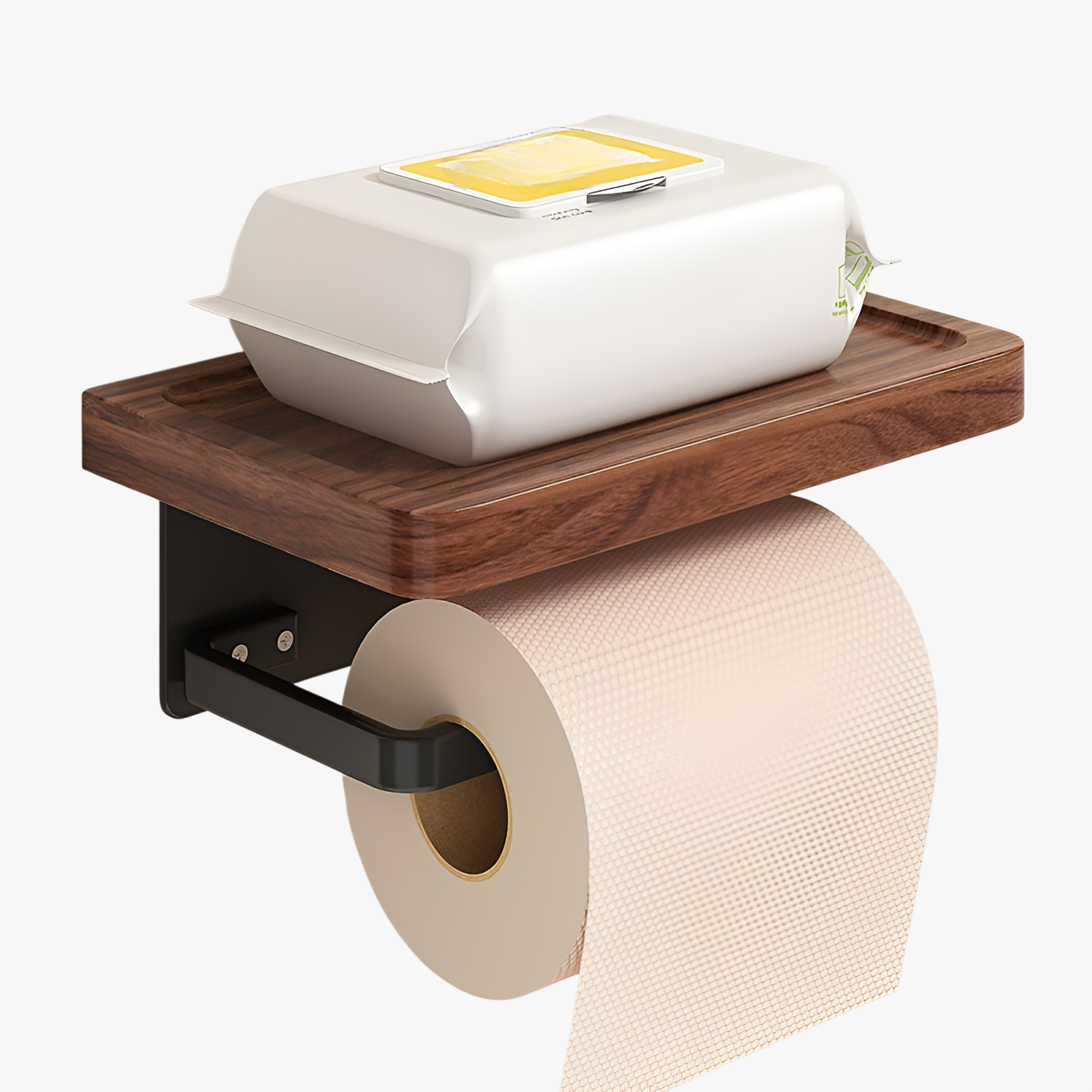 Punch-Free Walnut Wood Toilet Paper Holder Tissue Storage