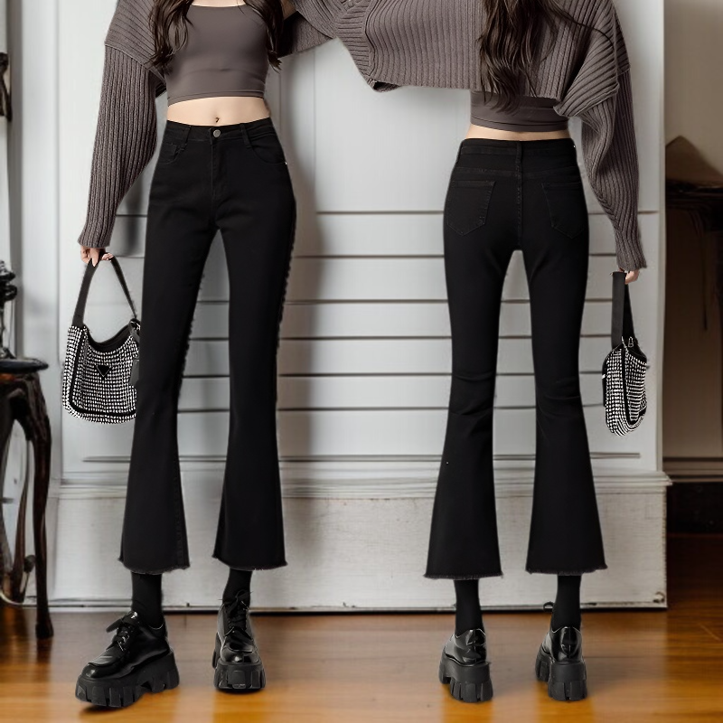 秋の女性用の黒のわずかにフレアのイミテーションジーンズ、小柄な人向けの韓国バージョン、ハイウエスト、スリムな89ポイント、多用途のカジュアルベルボトムパンツ