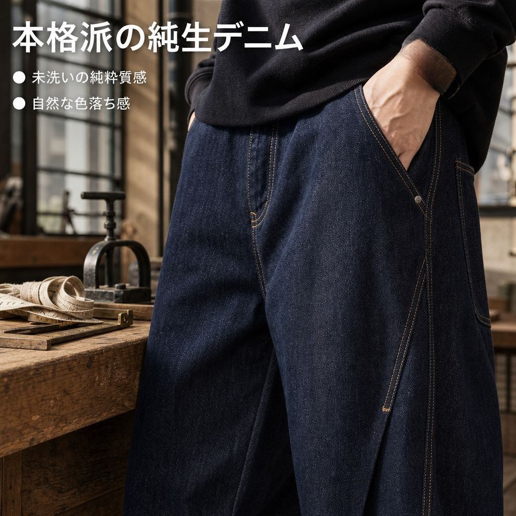 2026春新作 メンズ リジッド 原色 ルーズ ストレート ワイドデニム アメカジ カーブパンツ ジーンズ