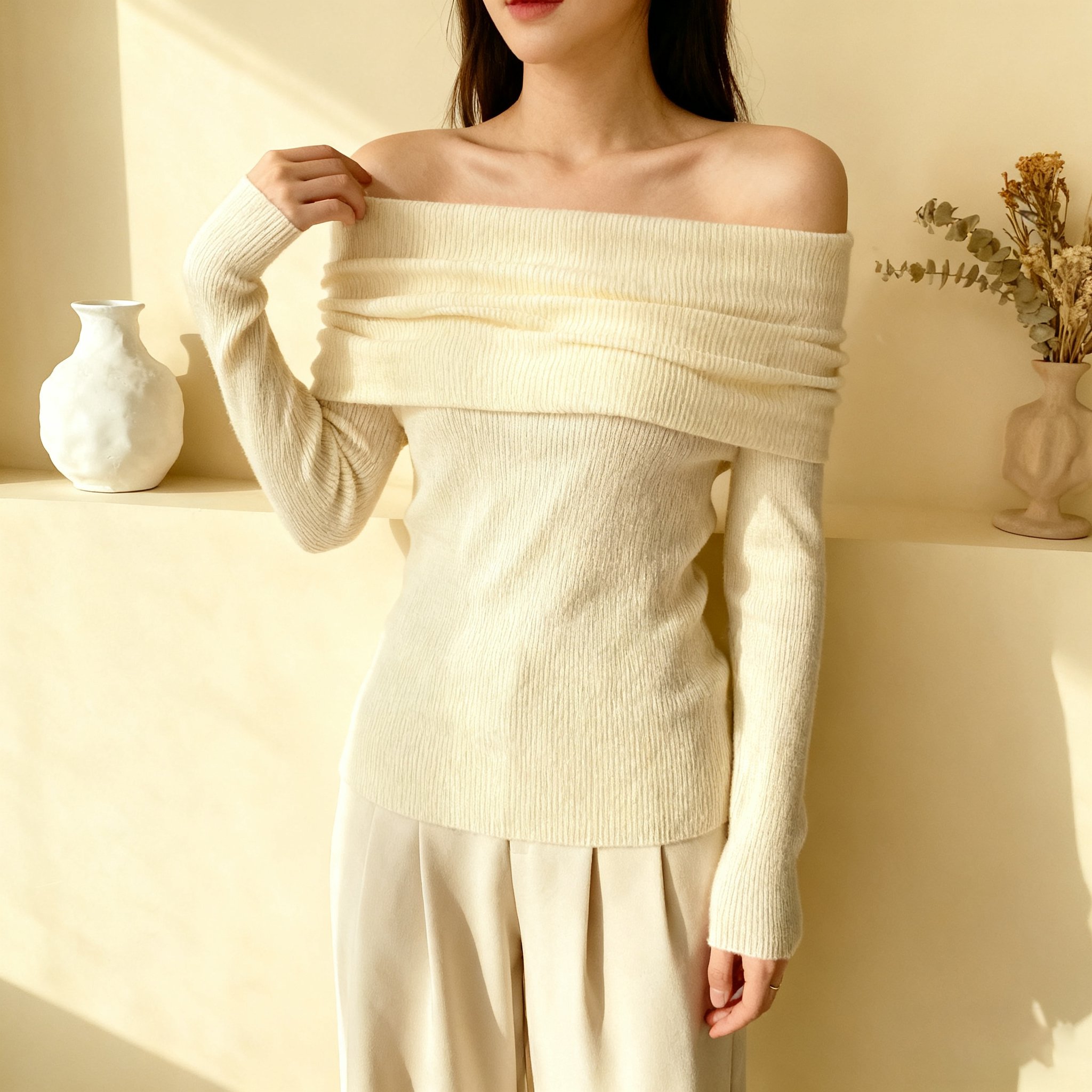 밝은 노란색 원숄더 스웨터