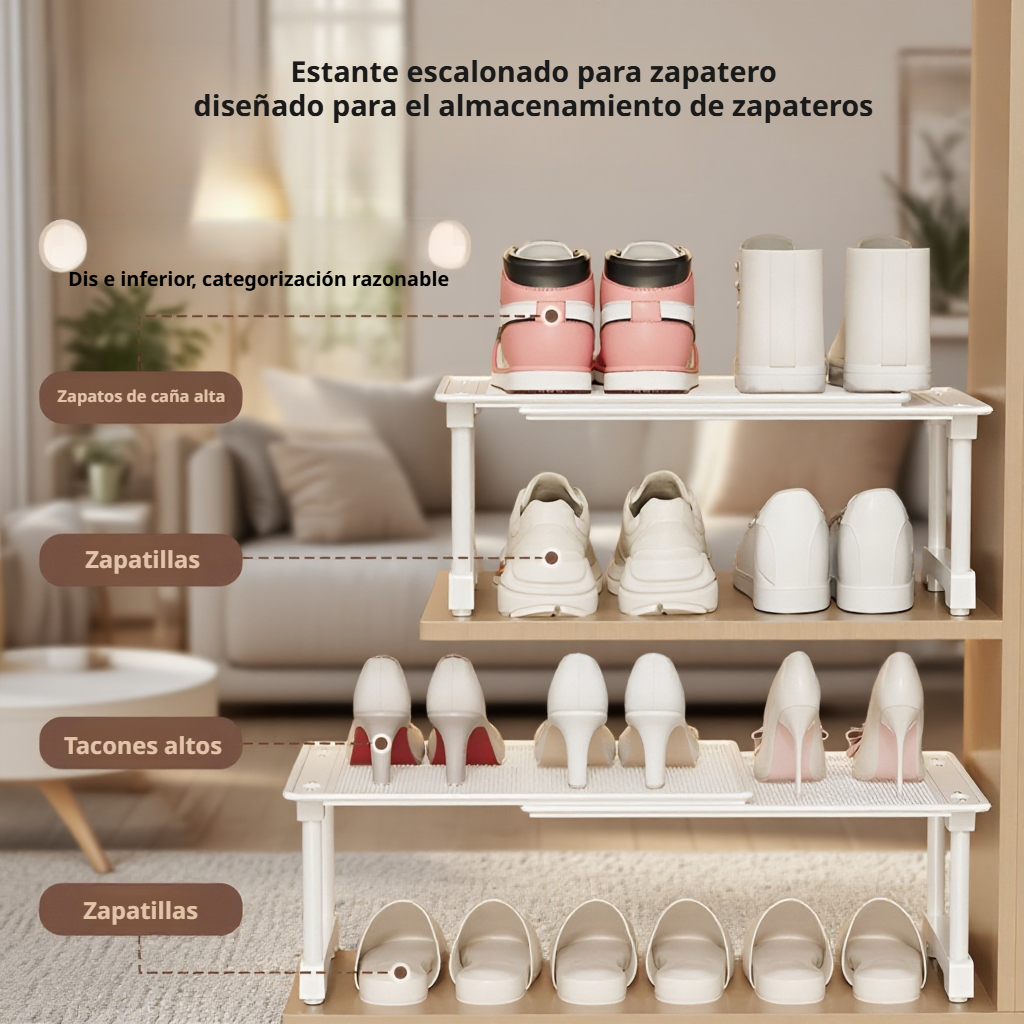 Zapatero extensible con compartimentos en capas para ahorrar espacio