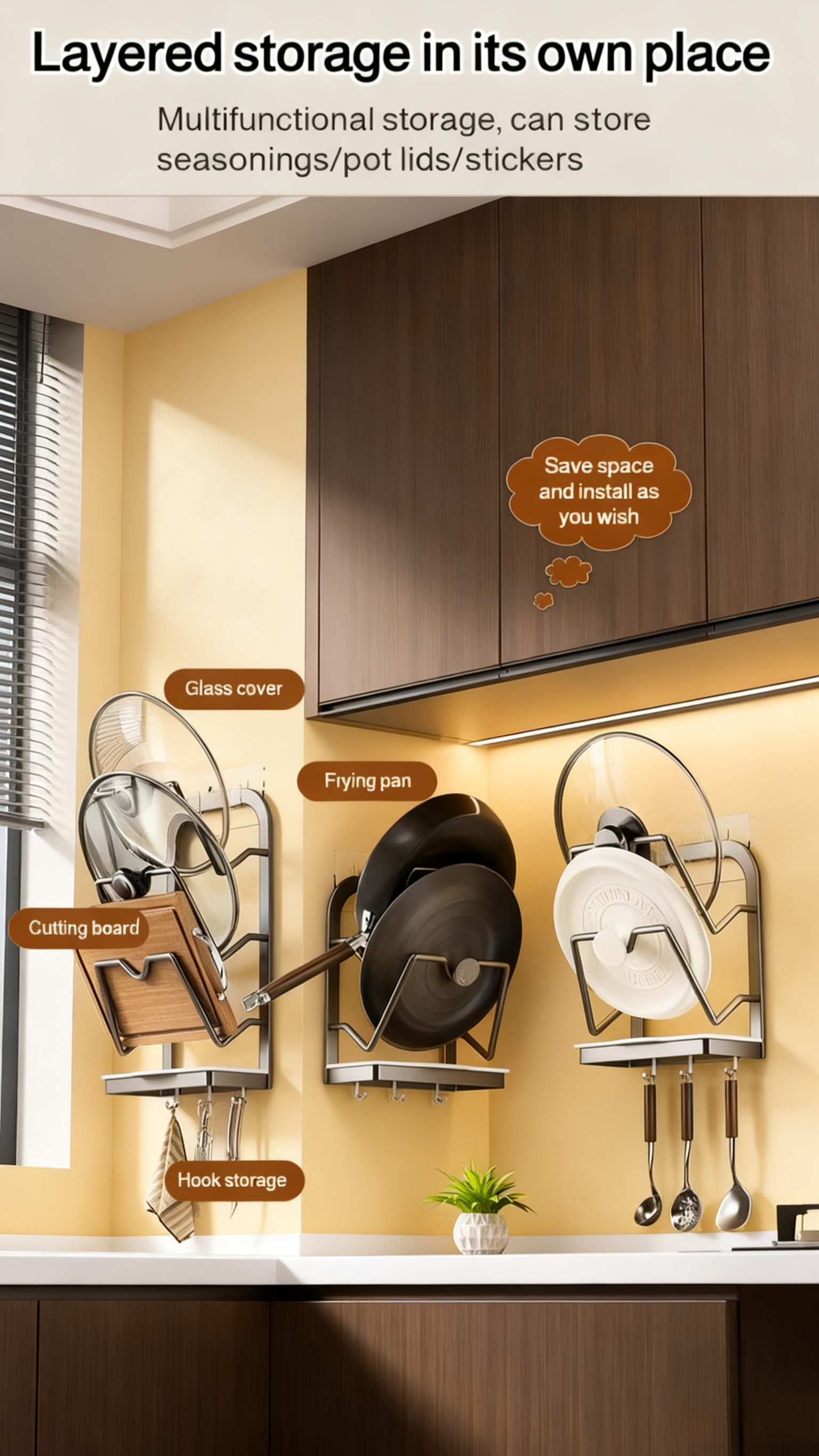 Easy-to-install pot lid organizer with adhesive backing