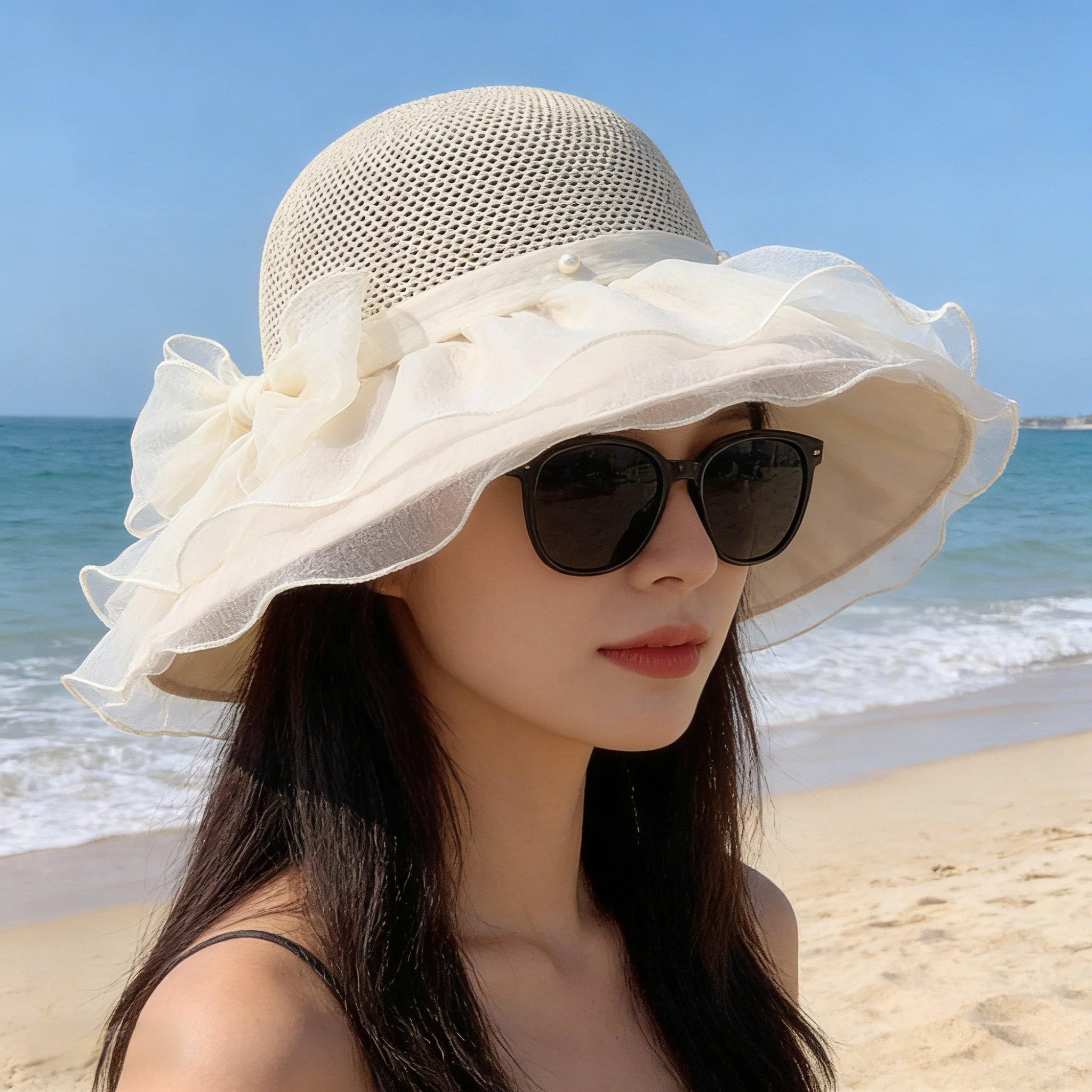 女士蝴蝶結大帽簷透氣防曬帽