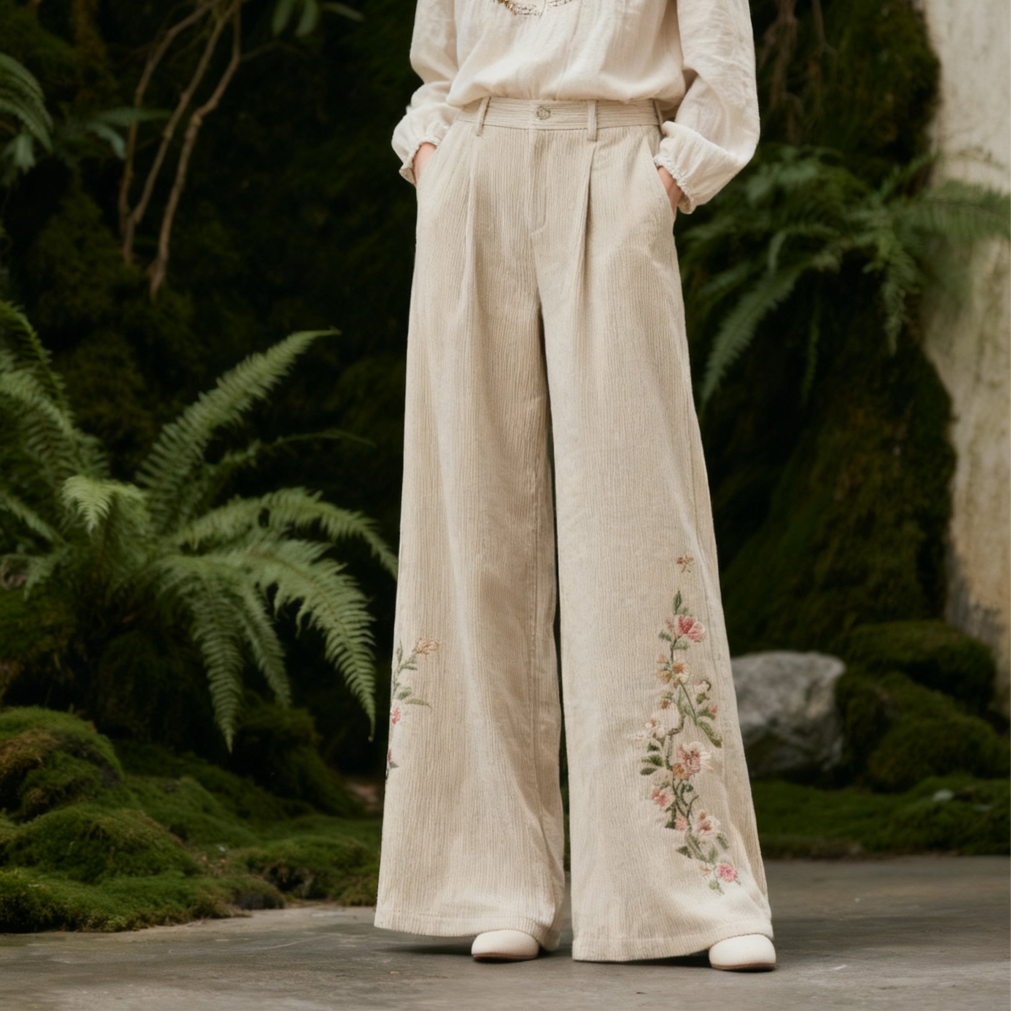 여성 자수 캐주얼 바지