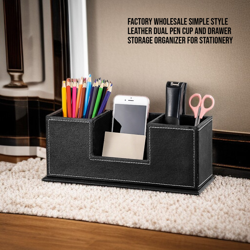  Factory Wholesale Simple Style Leather Dual Pen Cup and Drawer Storage Organizer for Stationery