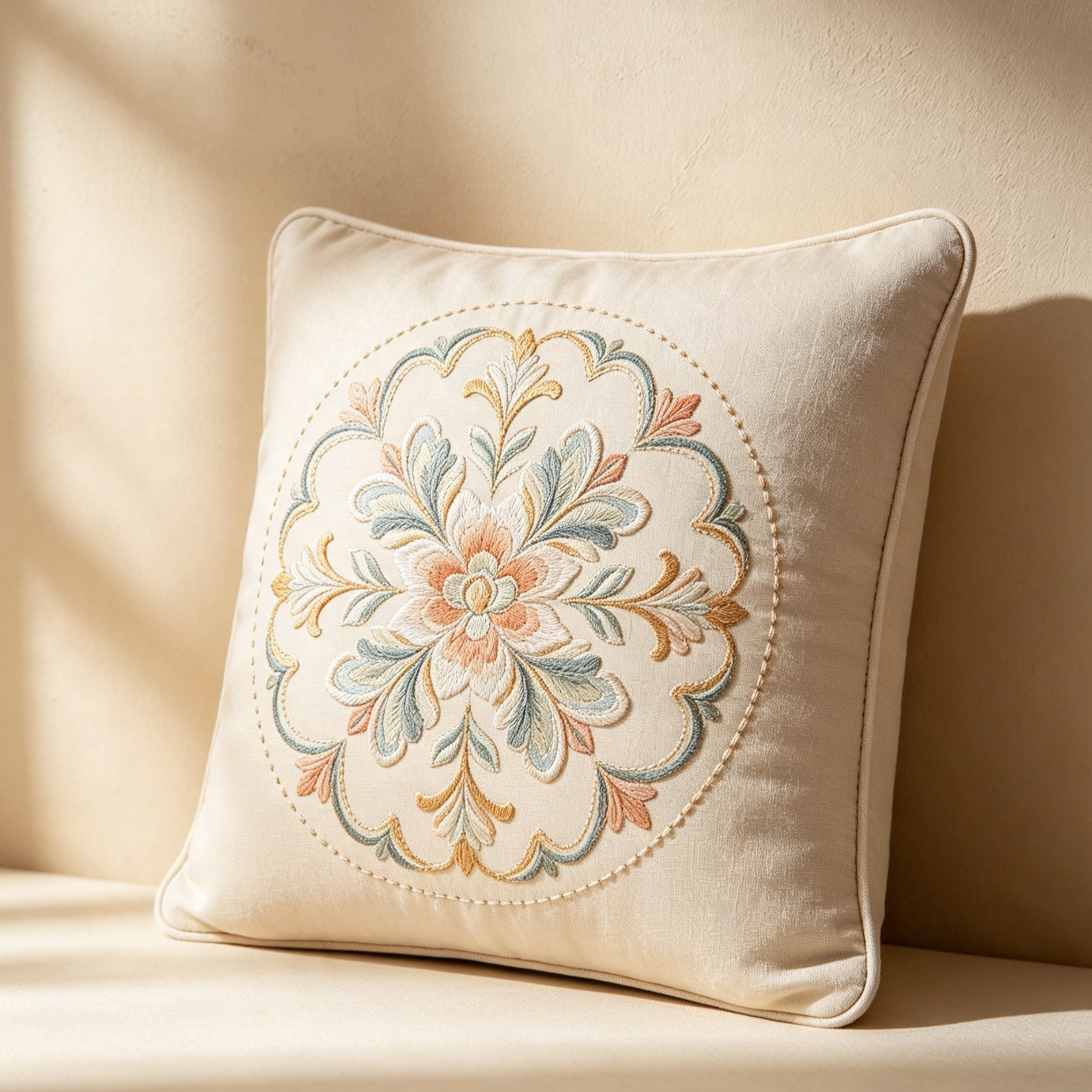 Close-up of intricate floral embroidery on pillow cover