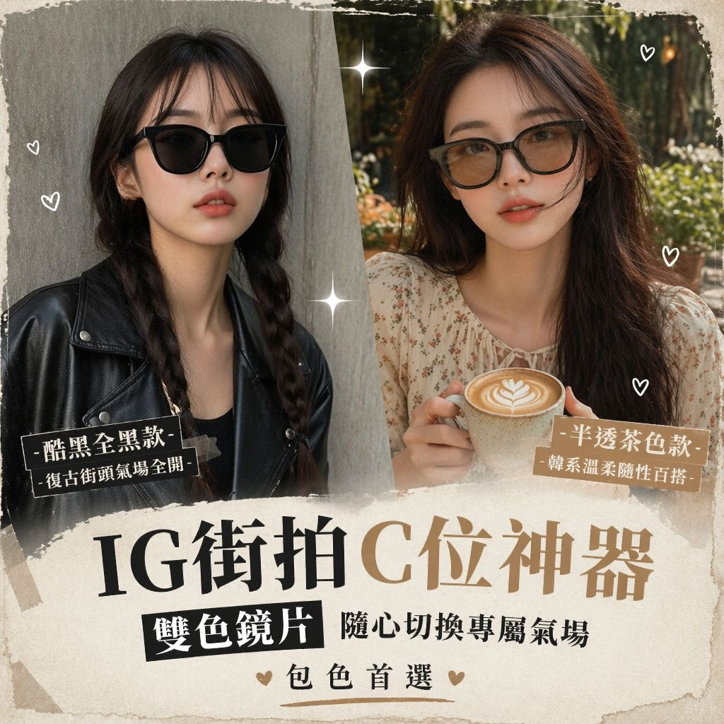 女用黑色方形復古太陽眼鏡 家居擺設太陽鏡