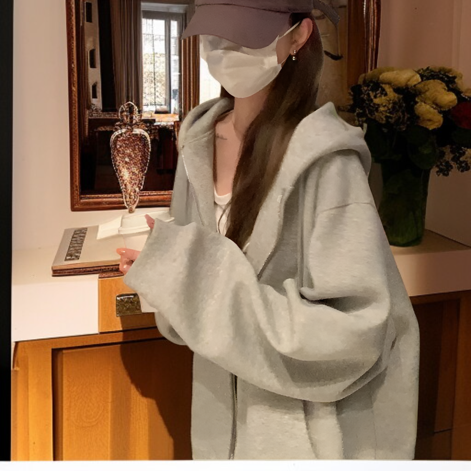 ゆったり グレー ジップアップ スウェットパーカー