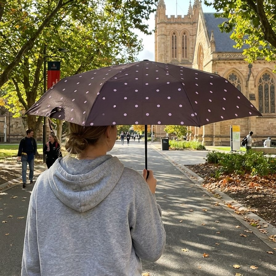 軽量コンパクトな日傘をバッグに収納する様子