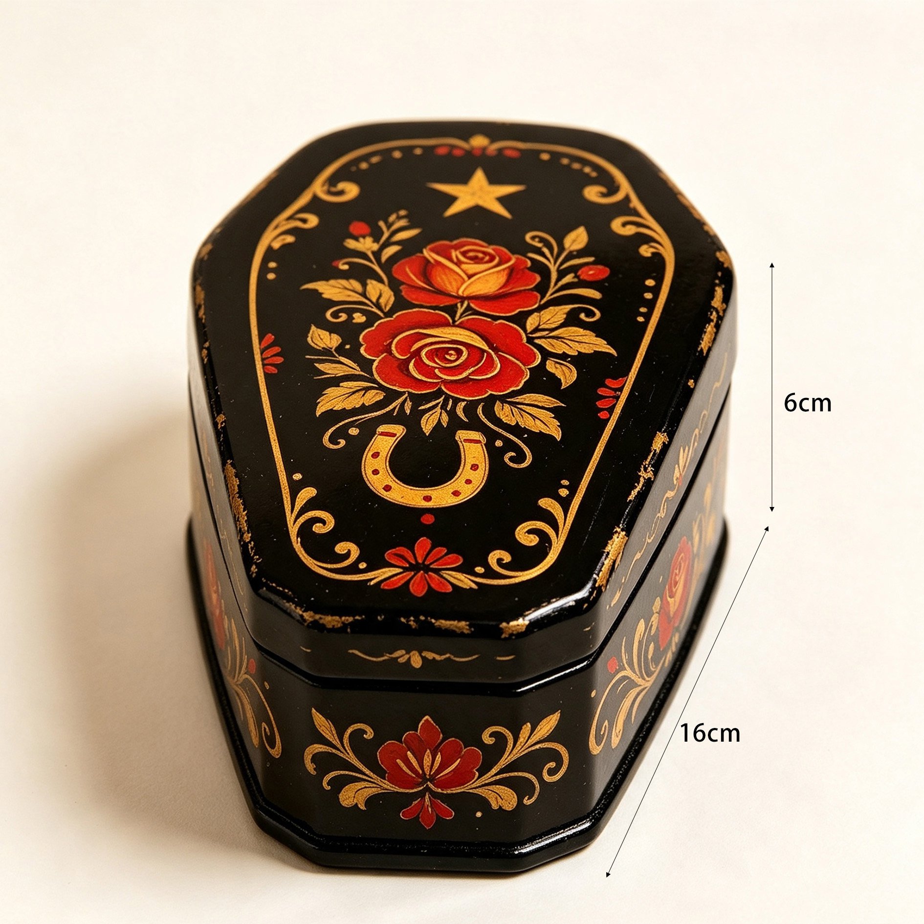 Close-up of rose star pattern on lacquer box