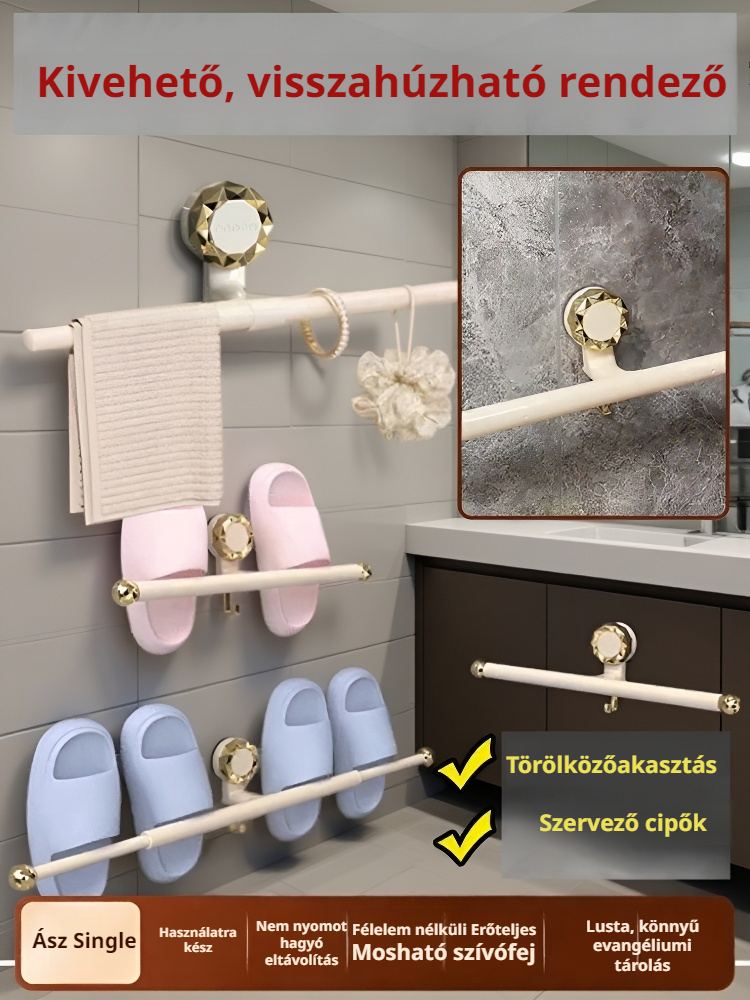 Fali, nyom nélkül rögzíthető, többfunkciós, teleszkópos tárolópolc 