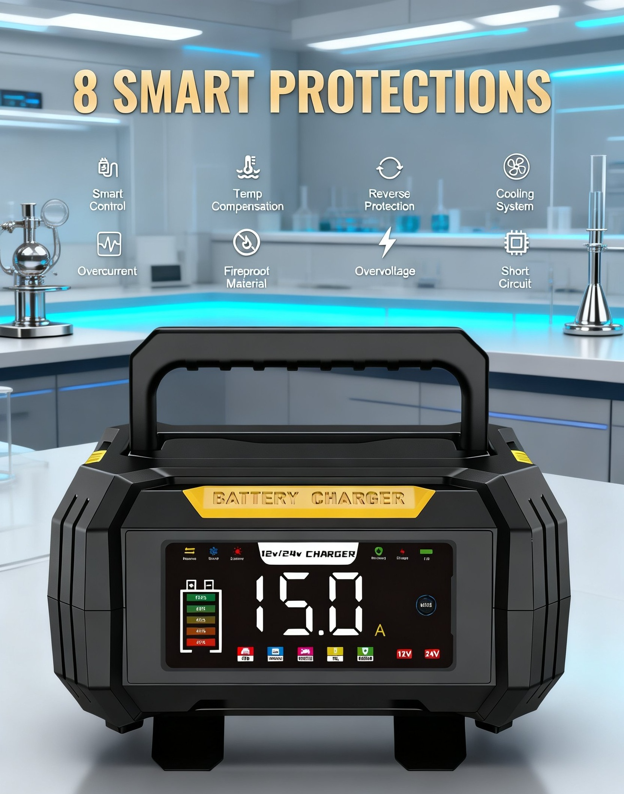 Durable and compact car battery charger for lead-acid and LiFePO4