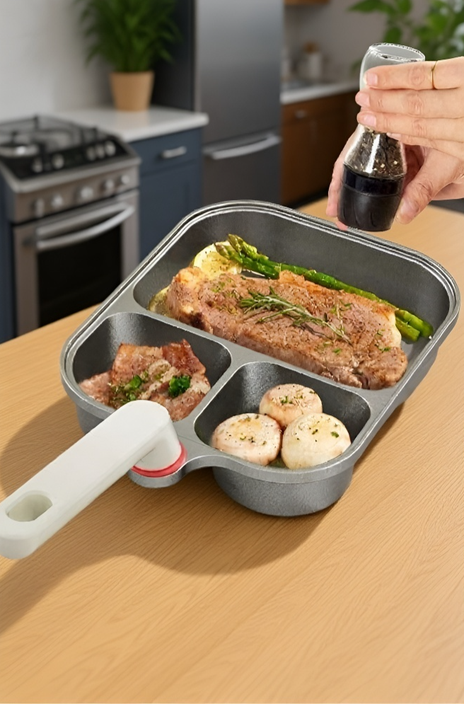 朝食用に最適な三重一のフライパンで調理する様子