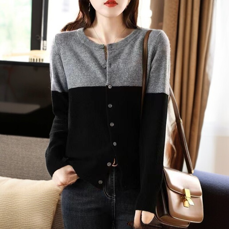 봄가을 얇은 울 니트 라운드 가디건 여성용 숏 코트