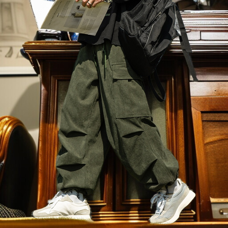 カップル秋冬コーデュロイストレートワイドパンツパンツメンズカジュアルワークパンツアーミーグリーンワイドパンツ